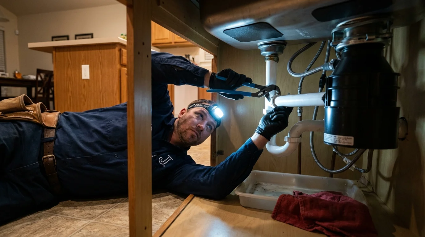 P-trap and supply line connections under a kitchen sink showing a common leak point in Stoneboro, PA